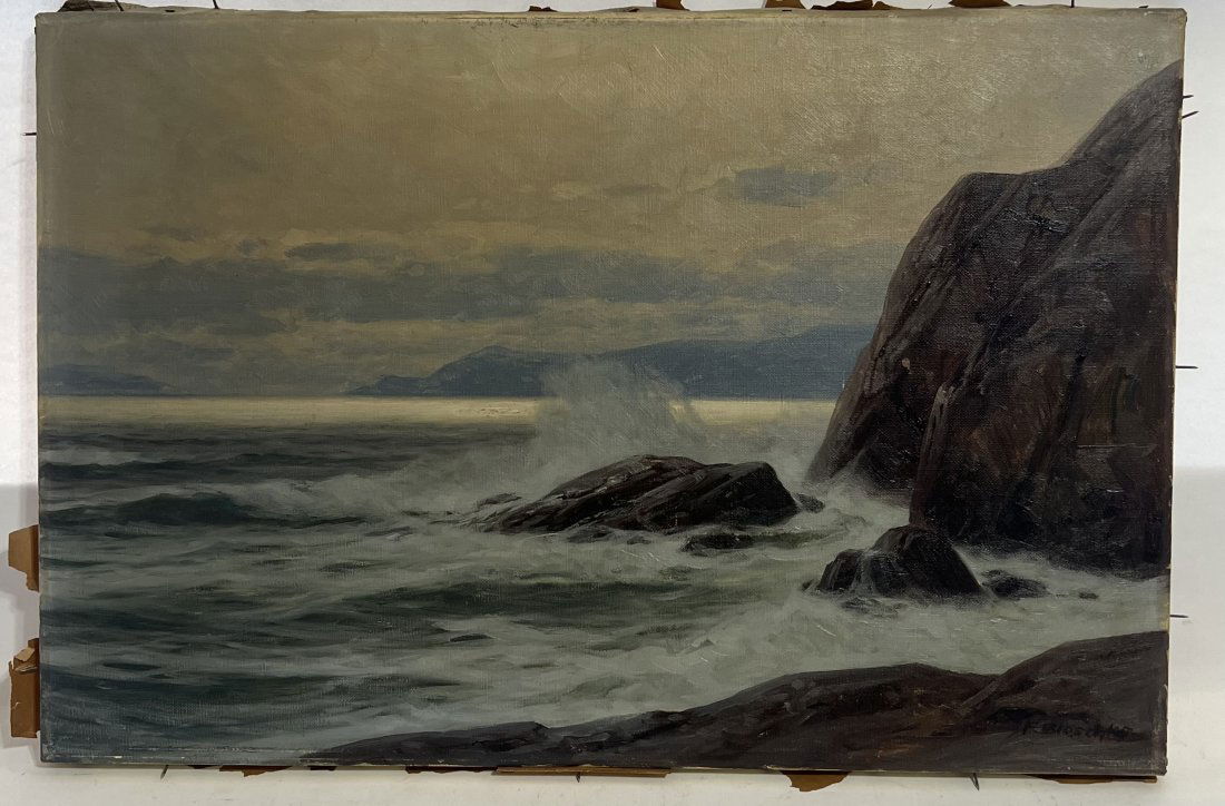 Antique Signed American School Crashing Waves Large Impressionist Sunset Oil Painting (1 of 6)