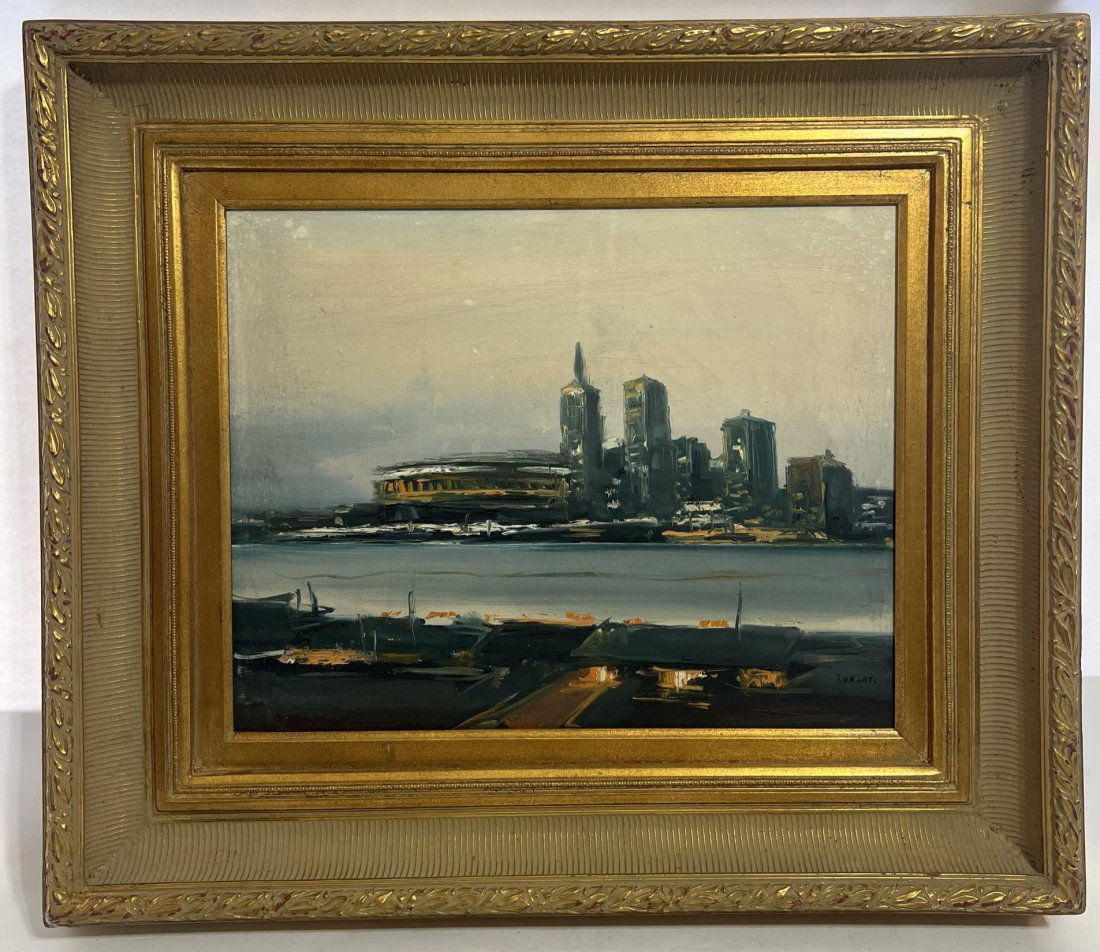 Antique American Modernist Cityscape Bridge Signed Framed  Oil Painting (1 of 6)