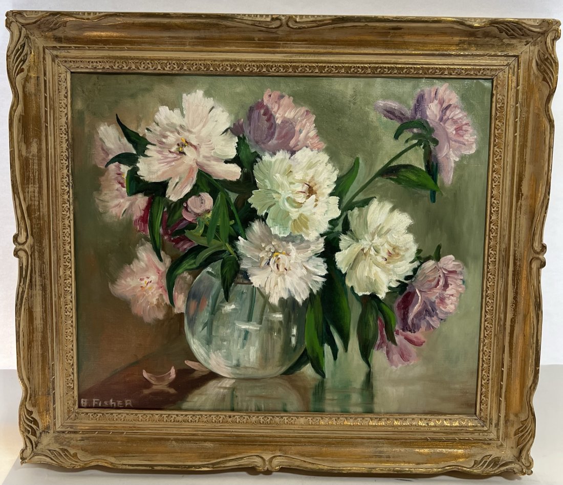 Signed Antique Floral Still Life Framed Impressionist Oil Painting: Antique American school oil painting. Oil on canvas. Framed. Signed. Image size, 20 by 24.