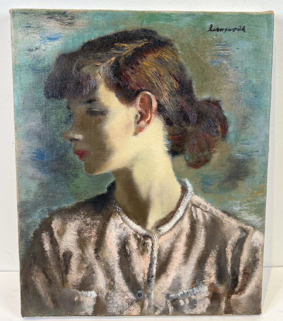Antique American School Signed Young Woman Modernist Oil Painting Portrait: Antique American school oil painting. Oil on canvas. Signed. Image size, 13 by 16.