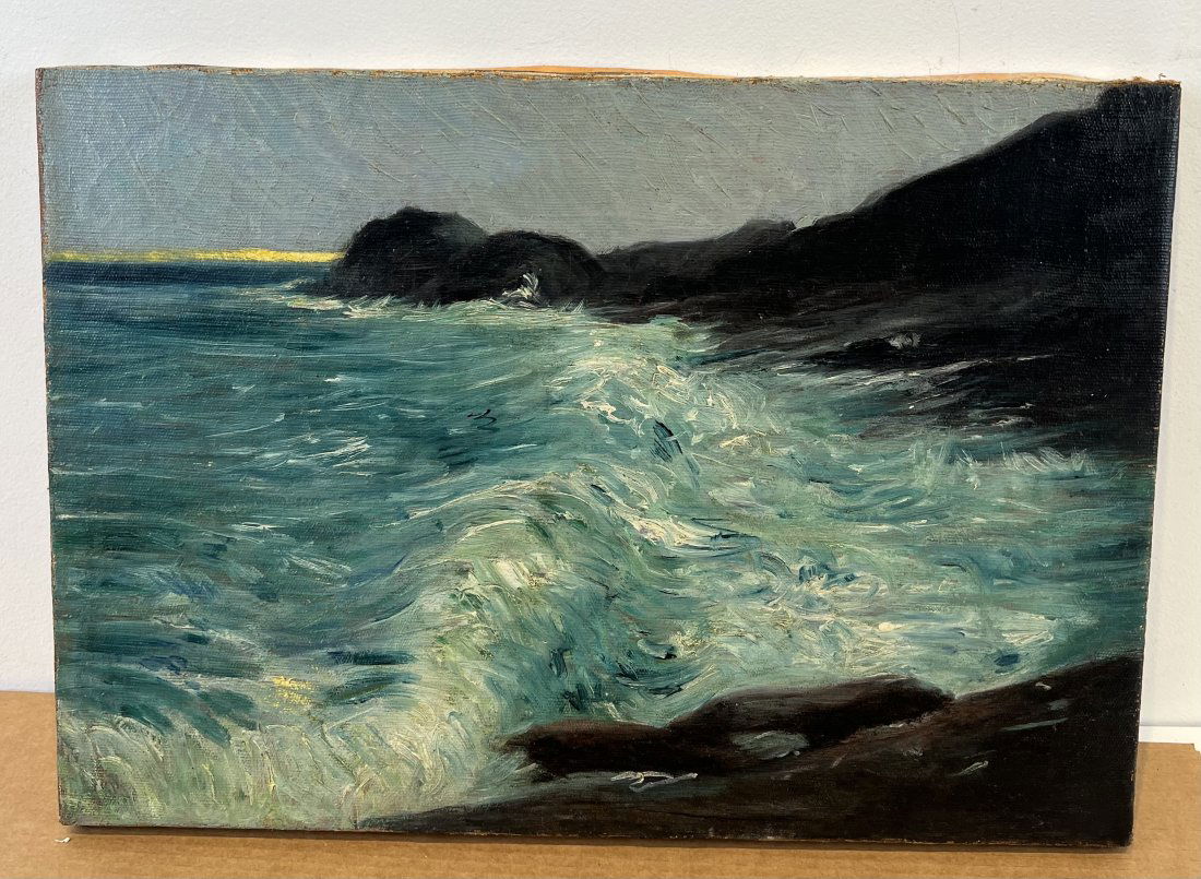 Antique American Impressionist Maine Coast Crashing Wave Beach Scene Oil Painting (1 of 6)