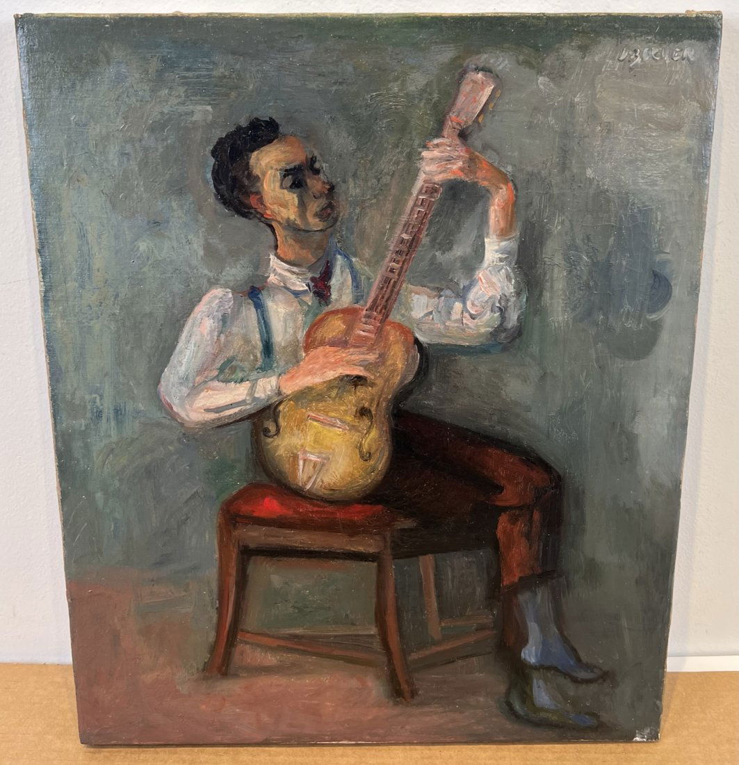 Jacques Zucker Antique Polish Modernist Guitar Player Musician Portrait Signed Painting: Antique oil painting of a musician by Jacques Zucker (1900 - 1981). Oil on canvas. Signed. Image size, 15 by 18.