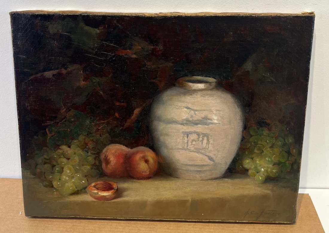 Antique American Impressionist Grape Fruit Kitchen Still Life Signed Oil Painting: Antique American school oil painting. Oil on canvas. Signed. Image size, 15 by 20.
