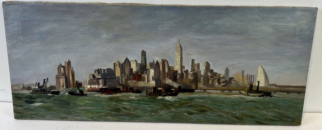 Antique American Impressionist New York City Ashcan School Boat Harbor Oil Painting: Antique American school oil painting. Oil on canvas. Image size, 12 by 30.