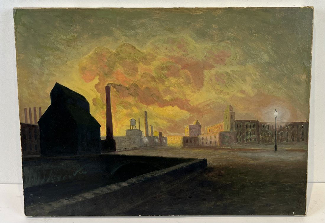 Important American Steel Mill Industrial Street View Sunset Cityscape Antique Oil Painting (1 of 6)