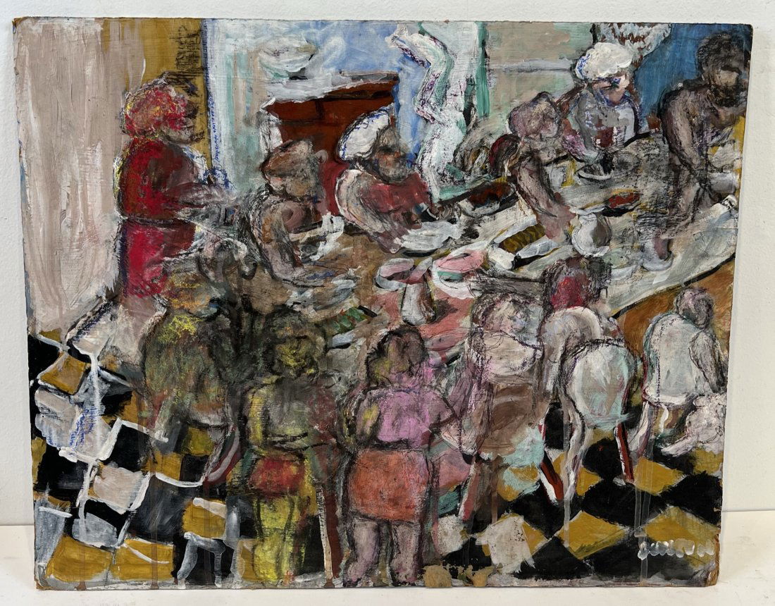 Antique Harlem Renaissance Black Figures Modernist Folk Art Lunch Counter Oil Painting (1 of 6)