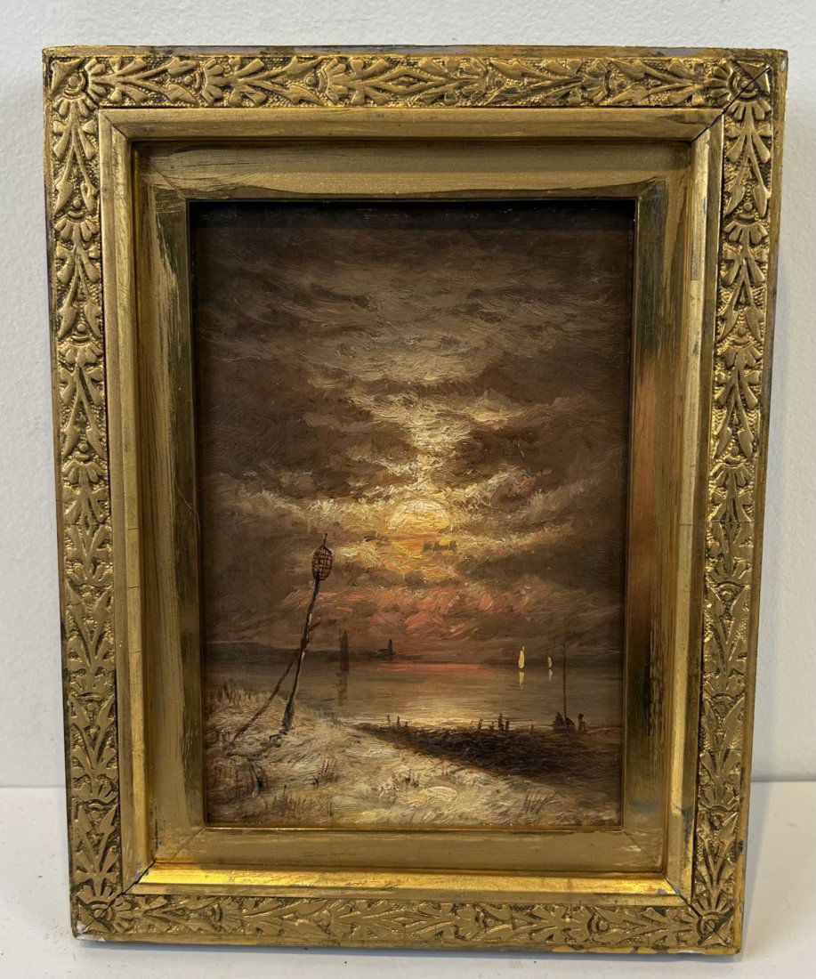 Antique American Hudson River School Winter Sunset Framed Oil Painting (1 of 8)