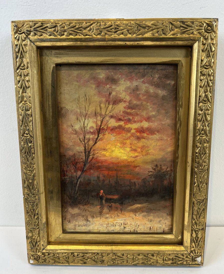 Antique American Hudson River School Sunset Winter Framed Rare Oil Painting (1 of 5)