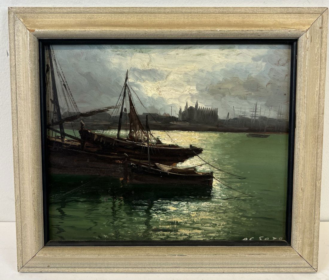 Antique Italian Impressionist Signed Venice Harbor Rare Framed Original Oil Painting (1 of 6)
