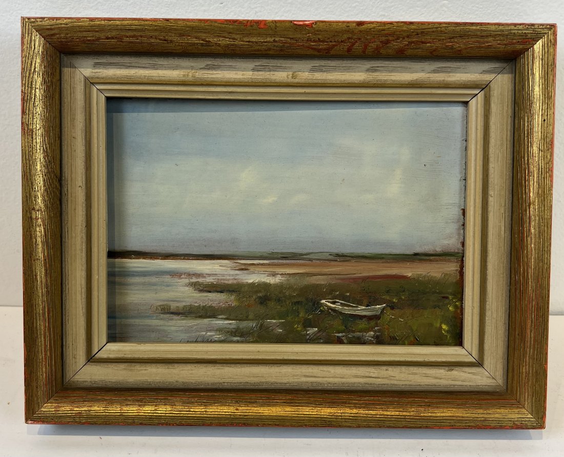 Antique Impressionist Lake Landscape Oil Painting: Antique American oil painting. Oil on board. Framed. Image size, 5 by 7.