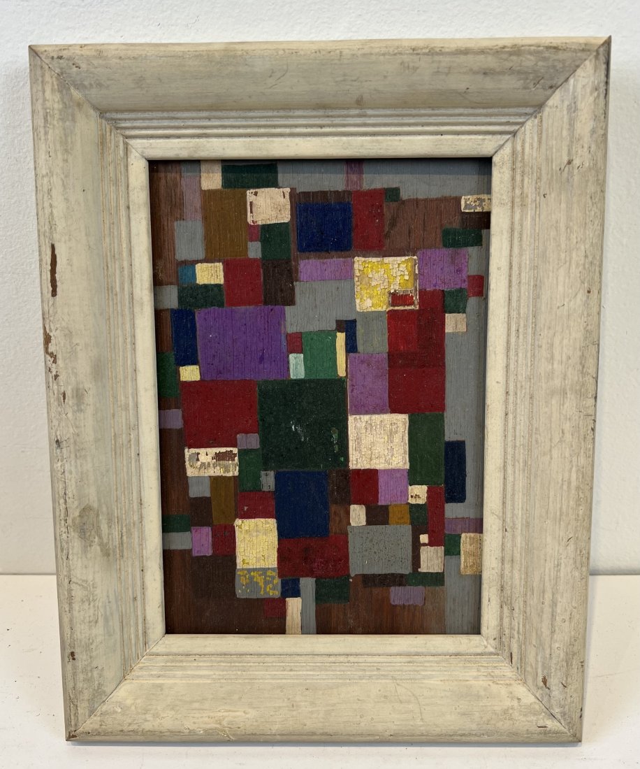 Antique American Modernist Abstract Geometric Oil Painting: Antique American oil painting. Oil on board. Unsigned. Framed. Image size, 5 by 7.