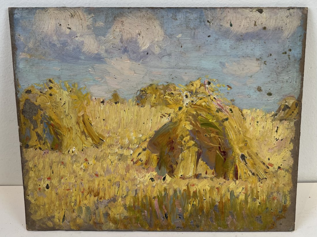 Antique American Impressionist Haystack Thick Impasto 1910 Rare Oil Painting: Antique American impressionist oil painting. Oil on board. Signed. Framed. Image size, 9 by 11
