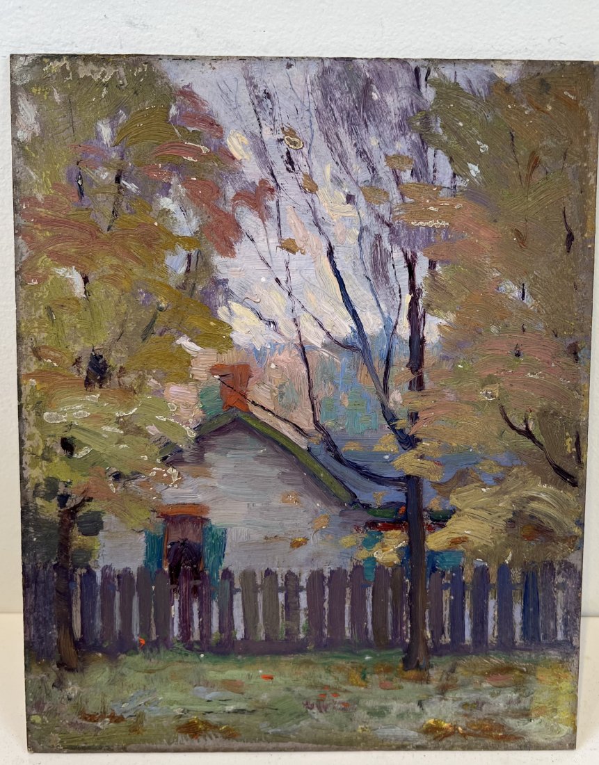 Antique American Impressionist New England Cottage Oil Painting: Antique American oil painting. Oil on board. Measuring 8.5 by 10.5 inches.