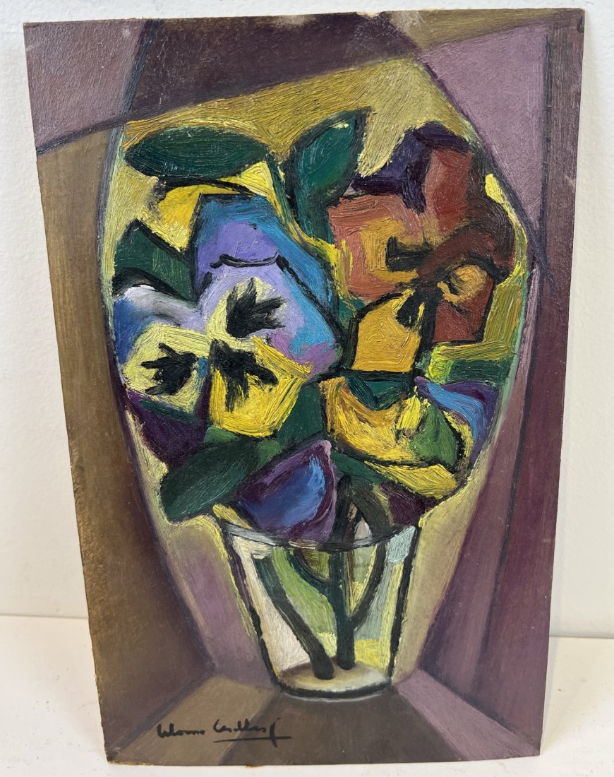 Antique Signed French Cubist Mystery Flower Still Life Abstract Oil Painting: Antique French oil painting. Oil on board. Signed. Image size, 7.5 by 10.5