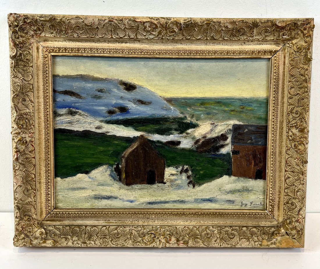 Antique American Alaskan Arctic Winter Harbor Signed Impressionist Oil Painting: Antique American school oil painting. Oil on board. Framed. Signed. Image size, 10 by 14.