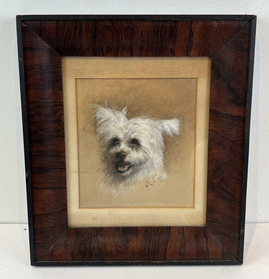 Antique American Fluffy White Dog Portrait Pastel Painting (1 of 5)