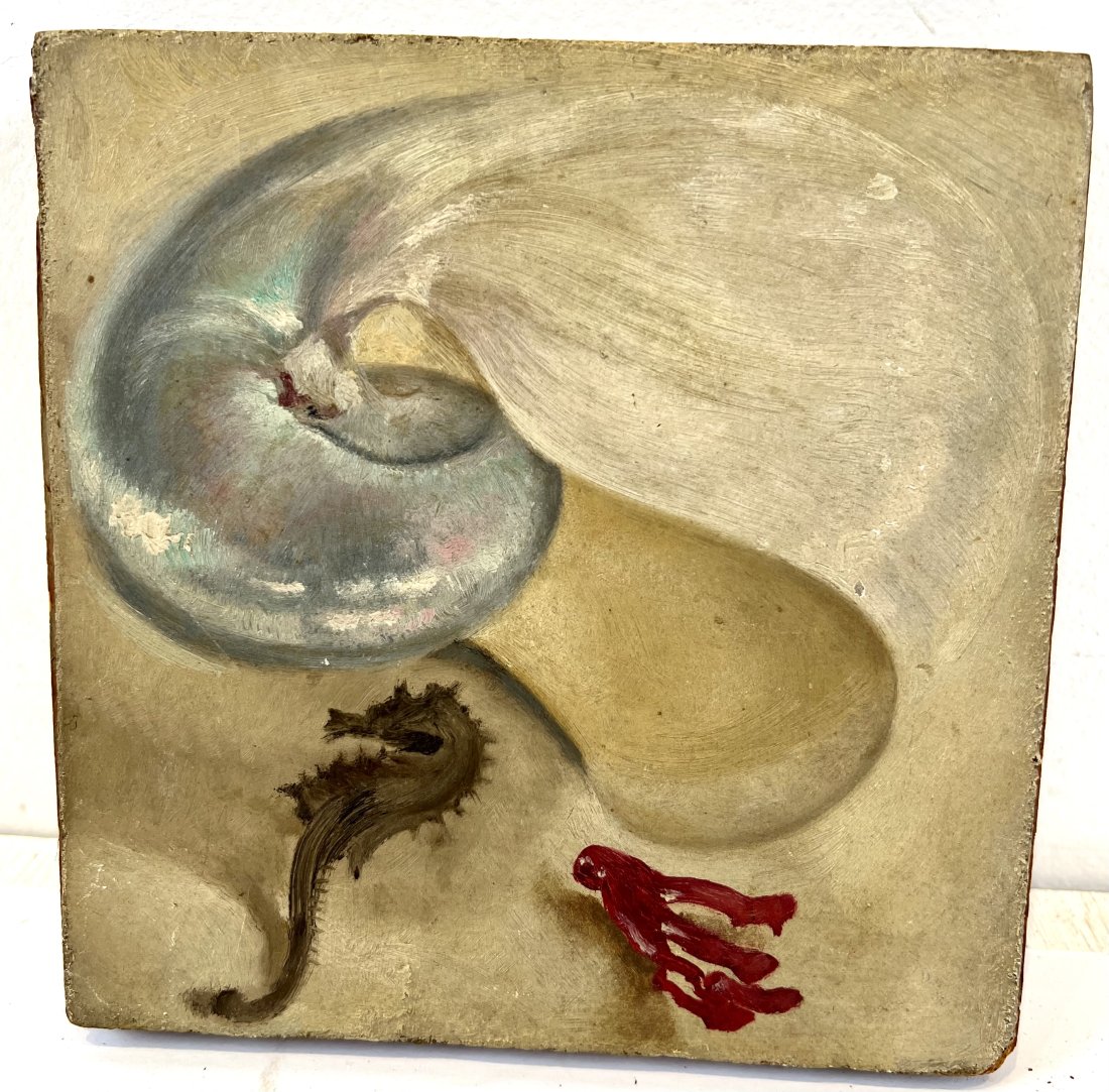Antique American Impressionist Miniature Seahorse Beach Still Life Oil Painting: Antique American oil painting. Oil on board. Image size, 6 by 6.