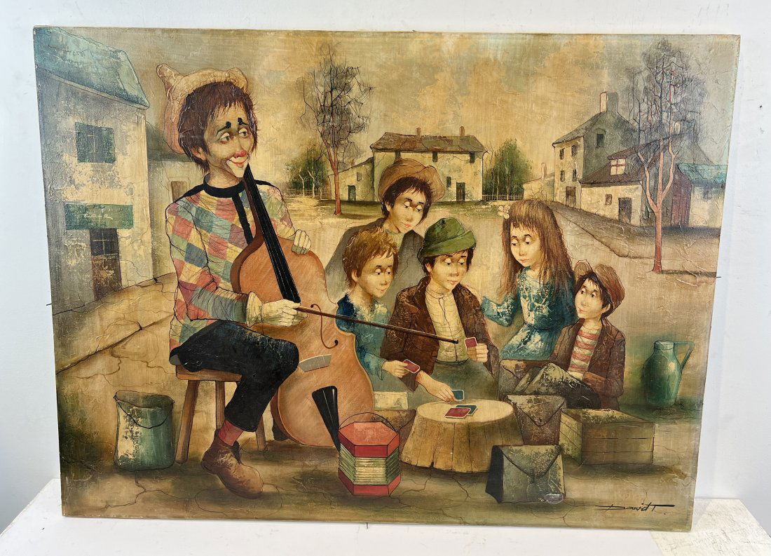 Vintage Signed French Clown Family Portrait Oil Painting (1 of 6)