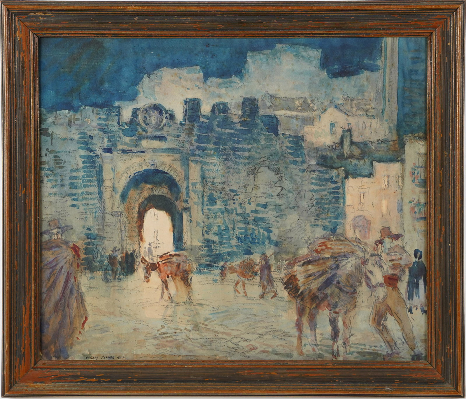 Antique European Town View Signed Palmer: Watercolor and gouache on paper. Signed. Framed. Image size, 14H x 16.5L.