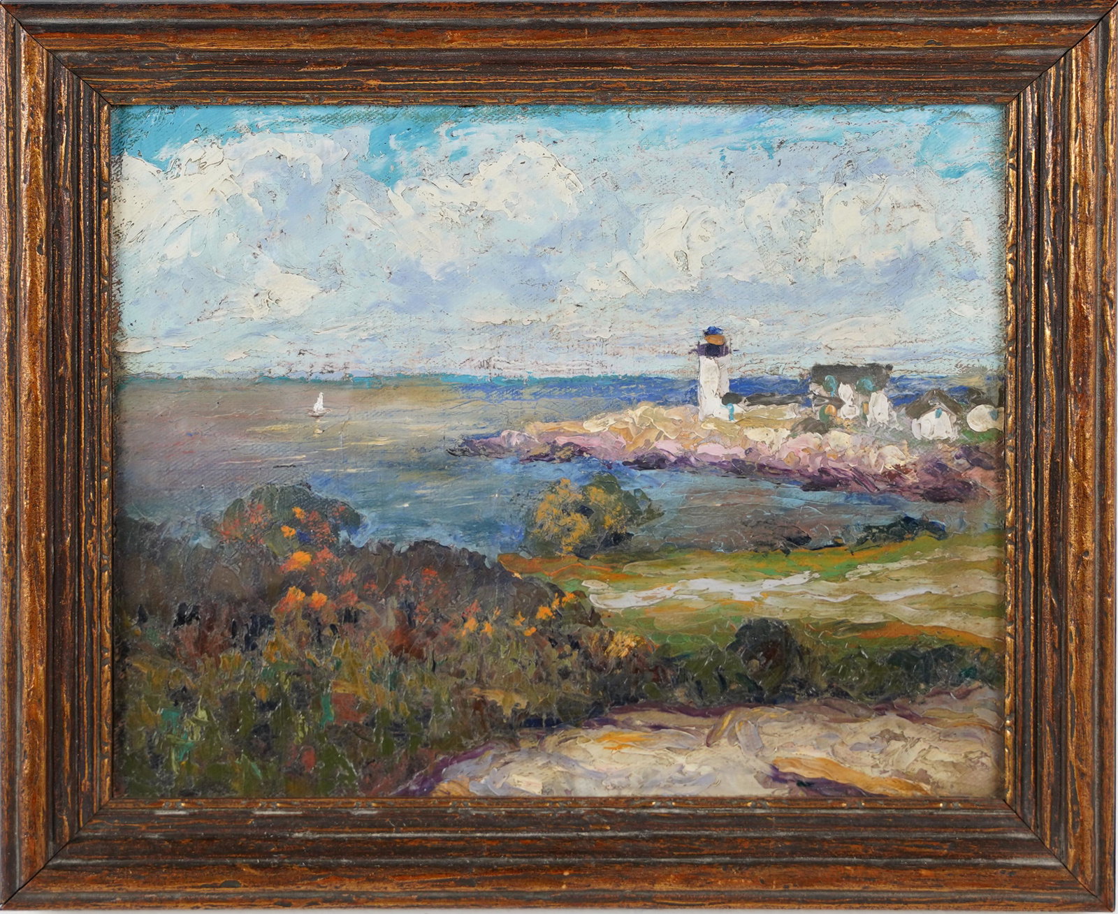 Antique American Impressionist Maine Lighthouse Coastal Beach Oil Painting: Oil on board. No signature found. Framed. Image size, 8.5H x 10.5L