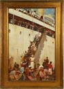 Antique Orientalist Framed Figurative Genre Oil Painting"Boarding a Cruise"