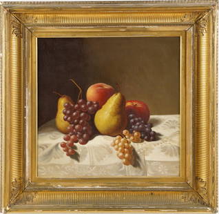 Museum Quality American School 19th Century Fruit Still Life Oil Painting: Oil on board. Framed. Attributed to John F. Francis (1808- 1886). From a prominent Carnegie Hill NYC estate. No signature found. Image size, 16L x 16H. Amazing original gold gilt Doll and