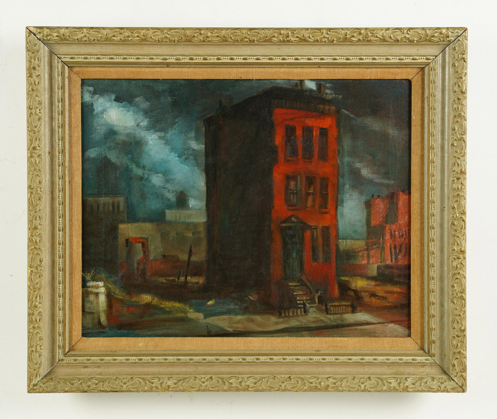 Signed Antique American Modernist Street Scene WPA Cityscape Oil Painting Polish?: Oil on canvas. Framed. Signed. Image size, 20L x 26H.