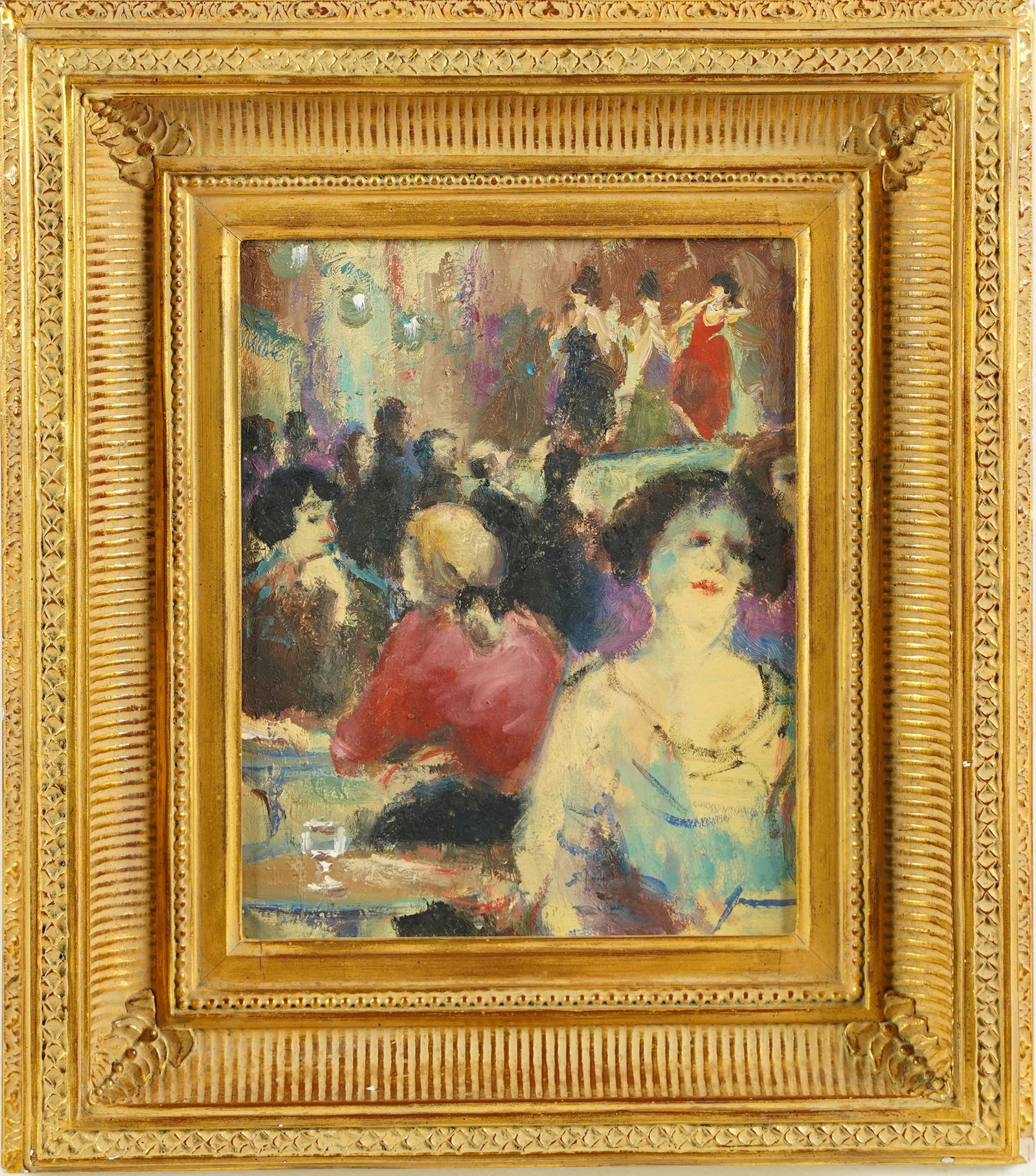 Antique American Impressionist Interior Scene Swinging Party Framed Oil Painting (1 of 5)