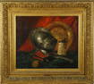 Antique European School Knight Armor Helmet Still Life Framed Oil Painting