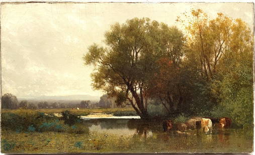 William Hart Antique Hudson River School Autumn Morning Cow Landscape Oil Painting: William Hart (1823-1894) An autumn morning landscape with cows watering. Remnant signature lower left. Oil on canvas 7 1/4 x 12 inches. Restored by Yost Conservation, LLC.