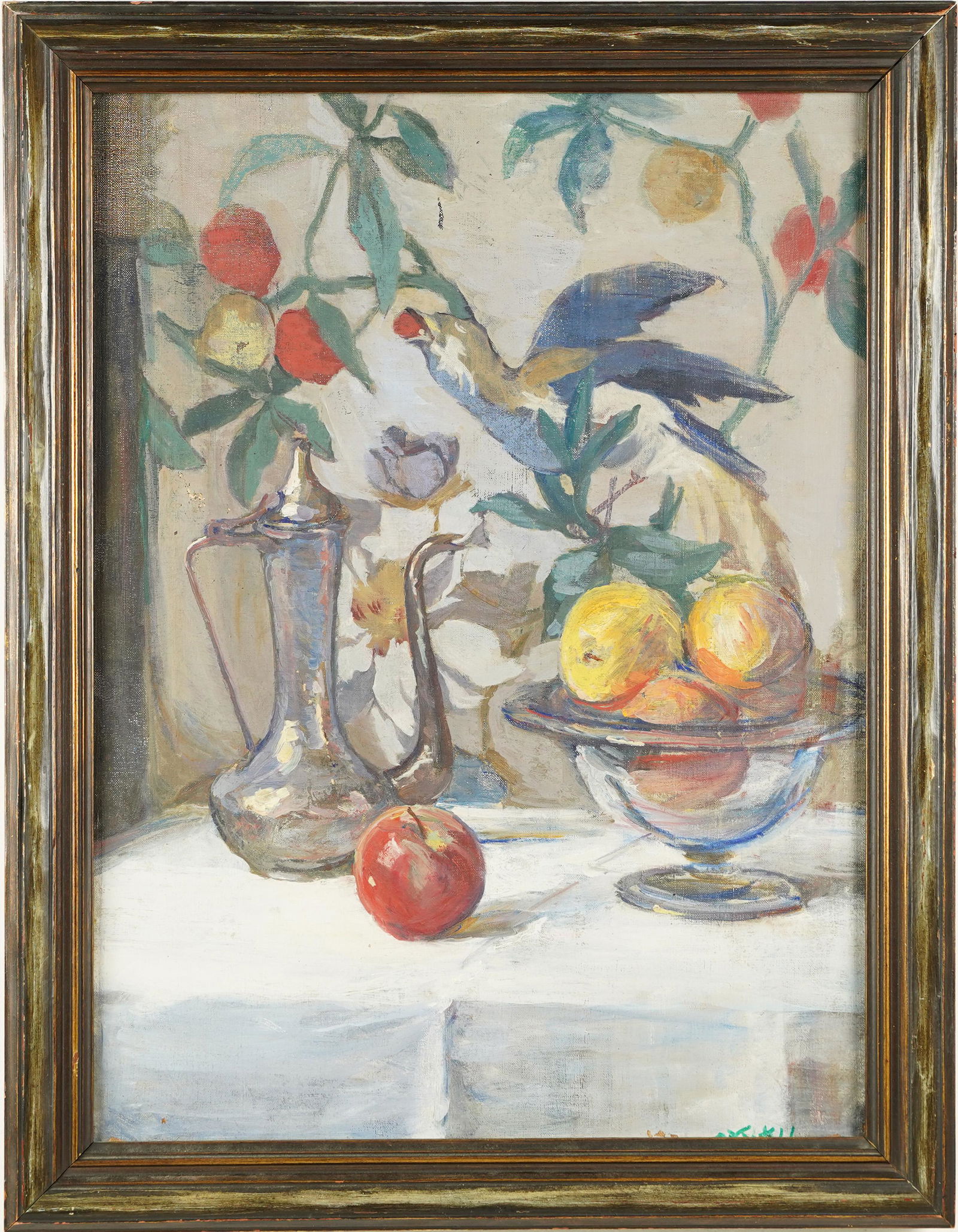 Antique American Impressionist Tropical Fruit Parrot Still Life Framed Oil Painting (1 of 6)