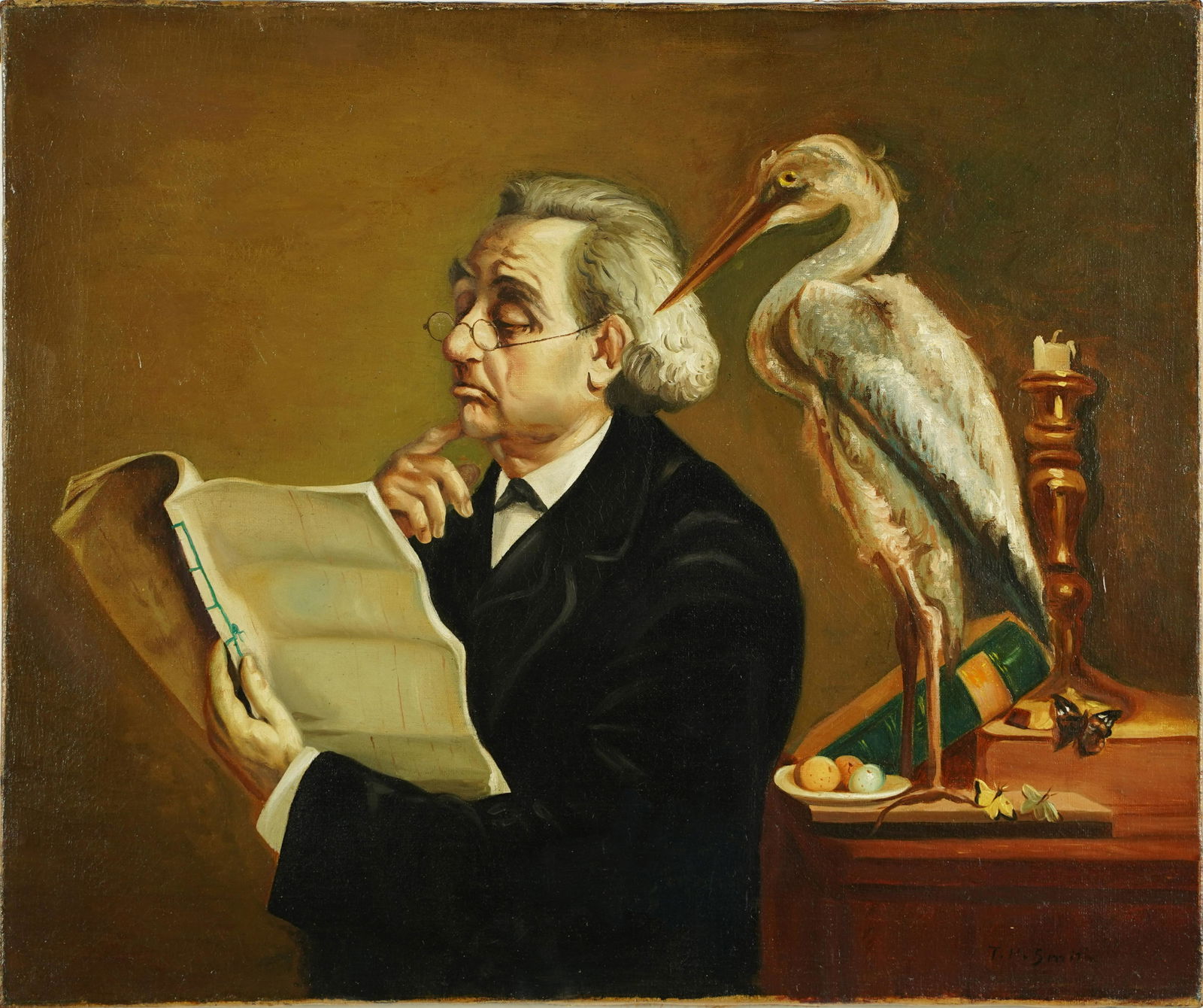 Unusual Scholarly 19th Century Male Portrait Man Reading with Bird Oil Painting (1 of 5)