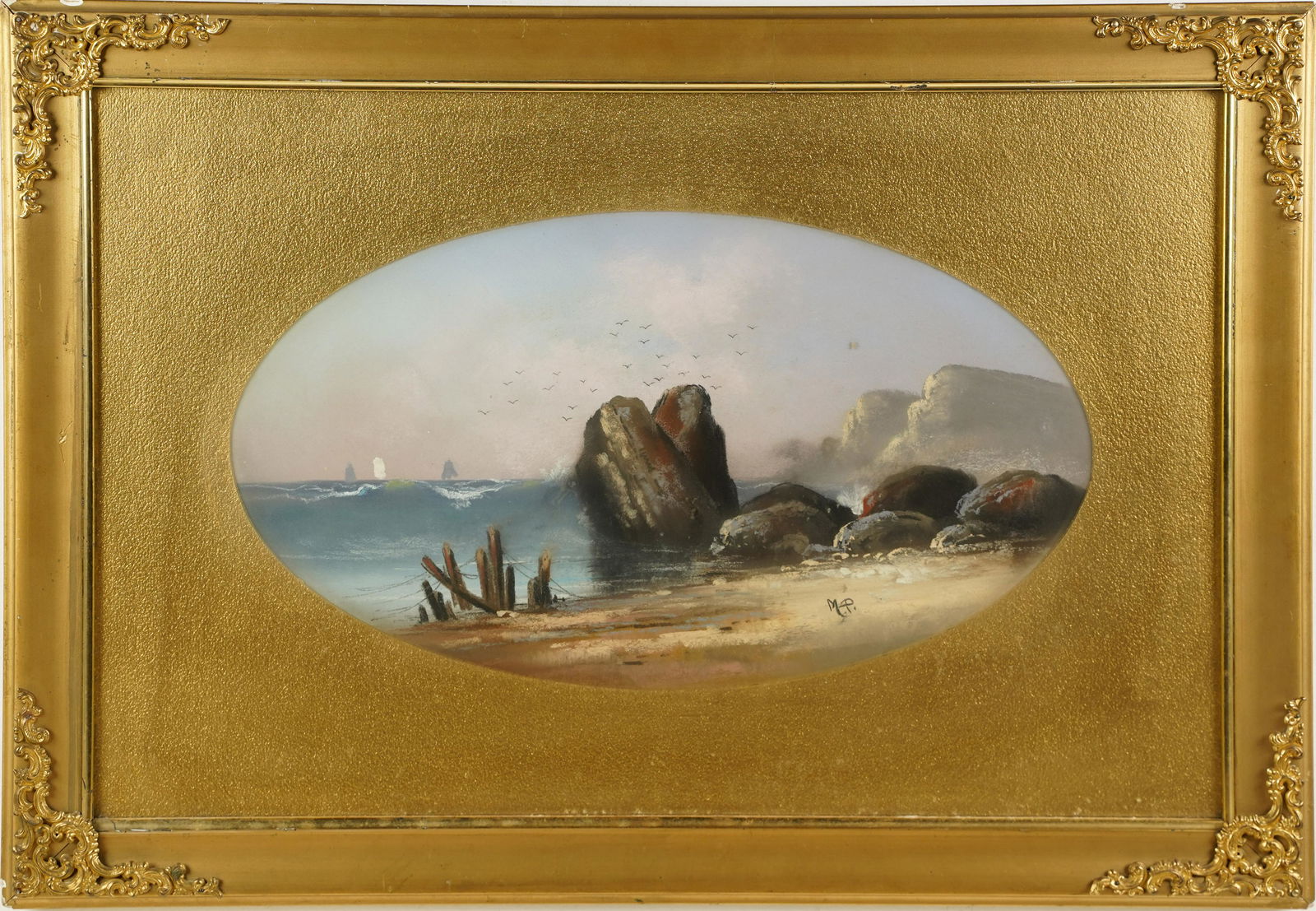 Signed in Monogram Antique Hudson River School Seascape Pastel Painting (1 of 7)