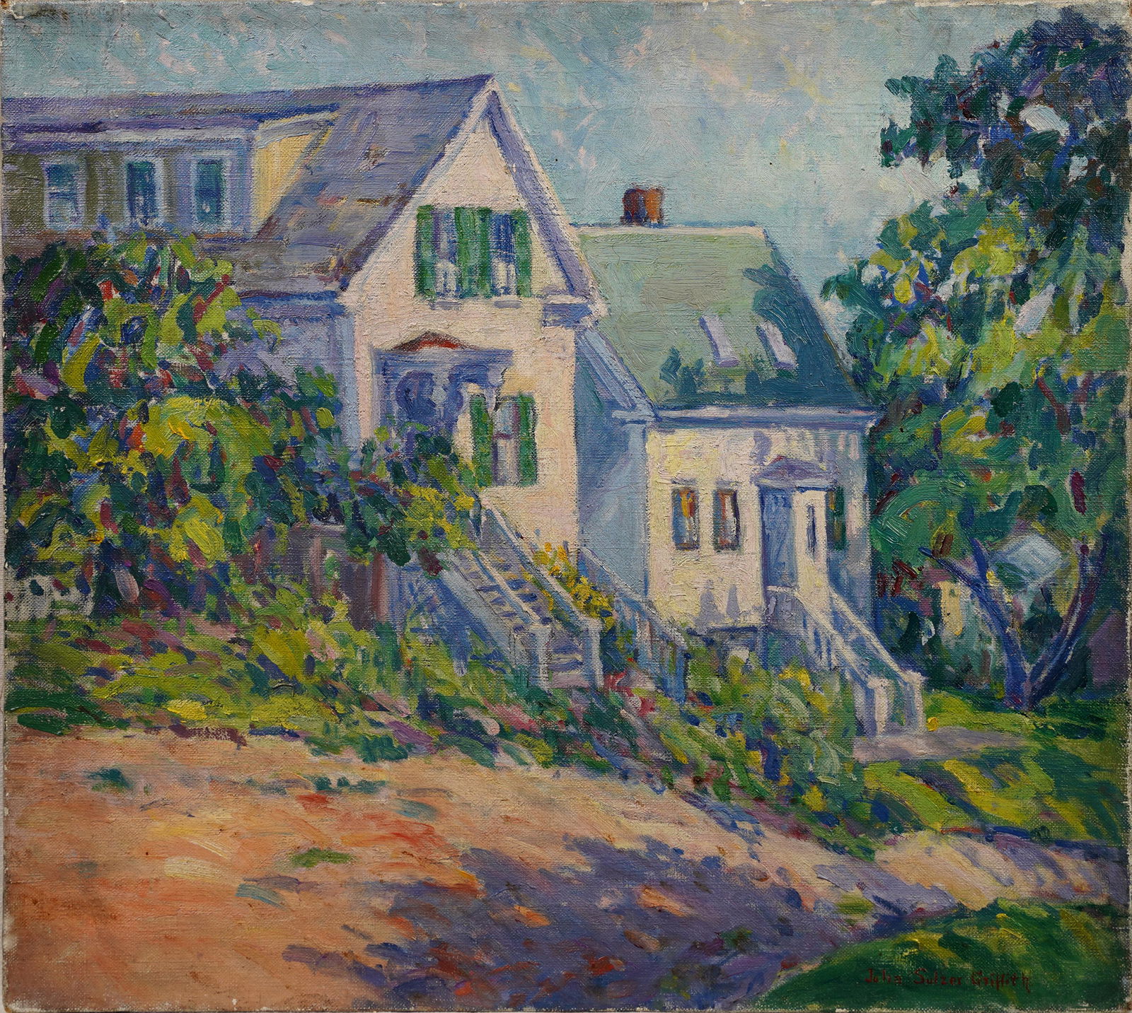 Julia Griffith Signed Chicago Impressionist Street Scene Flower Garden Signed Oil Painting (1 of 6)