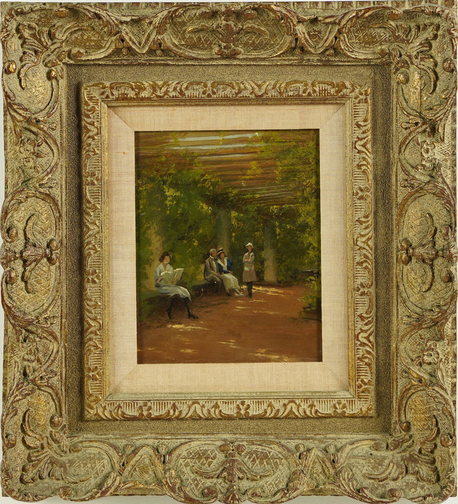 Antique French Impressionist Paris Garden Courtyard Signed Framed Oil Painting (1 of 4)