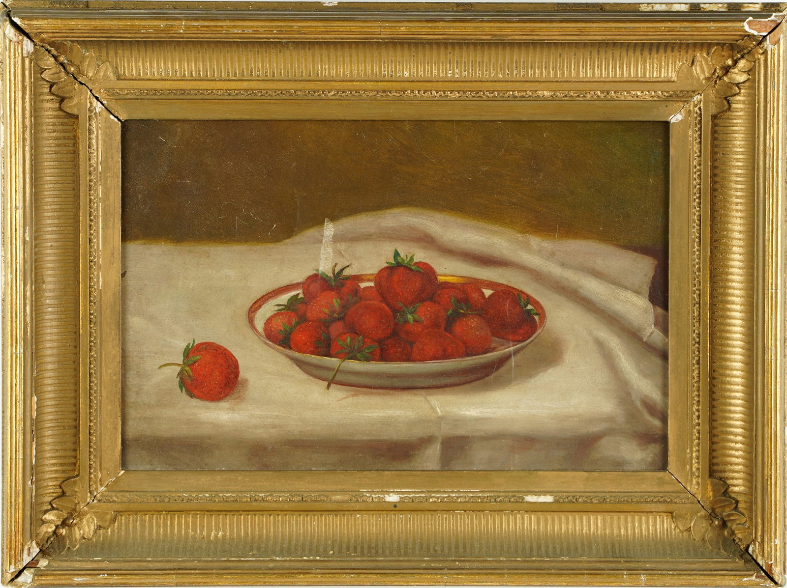 19th Century Folk Art American School Strawberry Still Life Framed Oil Painting: Oil on board. Framed. Image size, 12L x 8H.