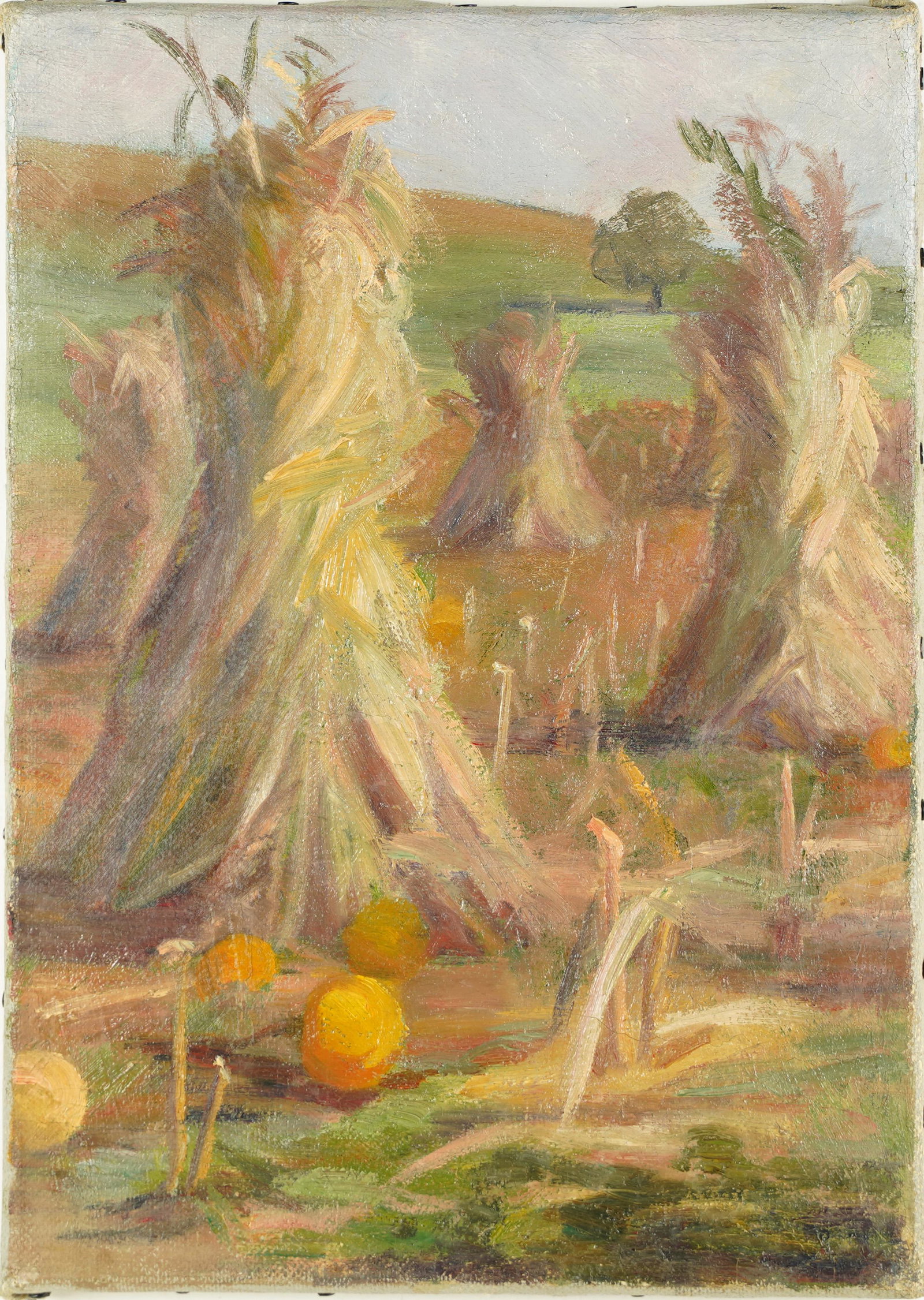 19th Century American Impressionist Haystack Pumpkin Landscape Oil Painting: Oil on canvas. No signature found. Unframed. Image size, 14L x 10H. Early 1900s canvas on a newer stretcher.