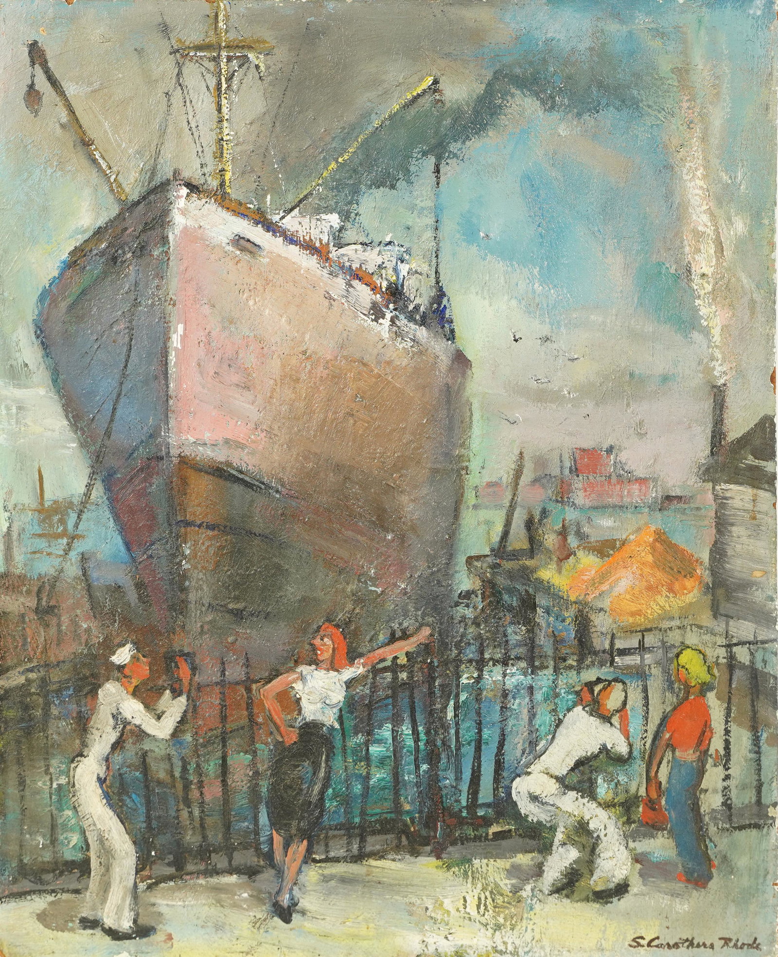 Antique American WPA Fleet Week New York Sailors Flirting Navy Signed Oil Painting: Oil on board. Unframed. Signed. Image size, 20H x 16L.