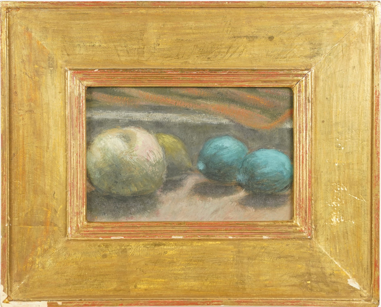 Antique American Modernist Fruit Still Life Oil Painting Wide Gold Impressionist Frame: Oil on board. Framed. No signature found. Image size, 9L x 6H.