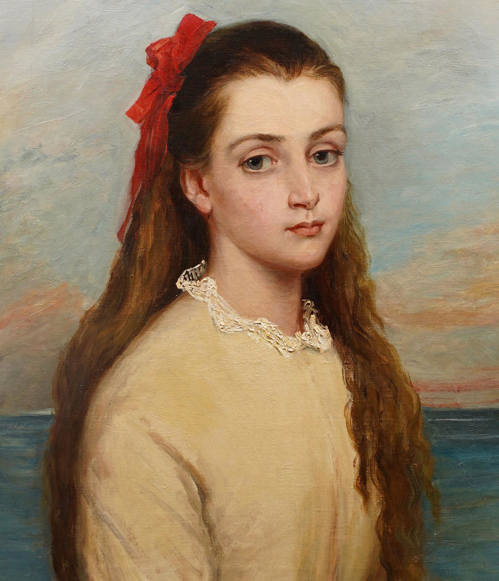 19th Century American School Seaside Wealthy Young Girl Portrait Oil Painting (1 of 5)