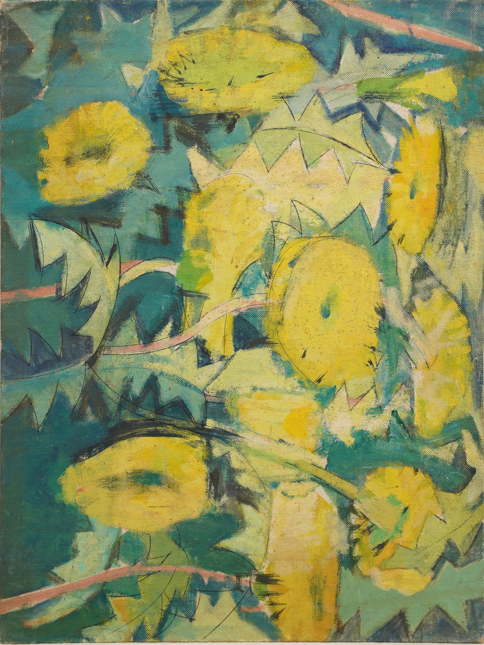 Vintage Mid Century Modern Cubist Still Life Flower Abstract Oil Painting: Oil on board. No signature found. Image size, 12L x 16H.