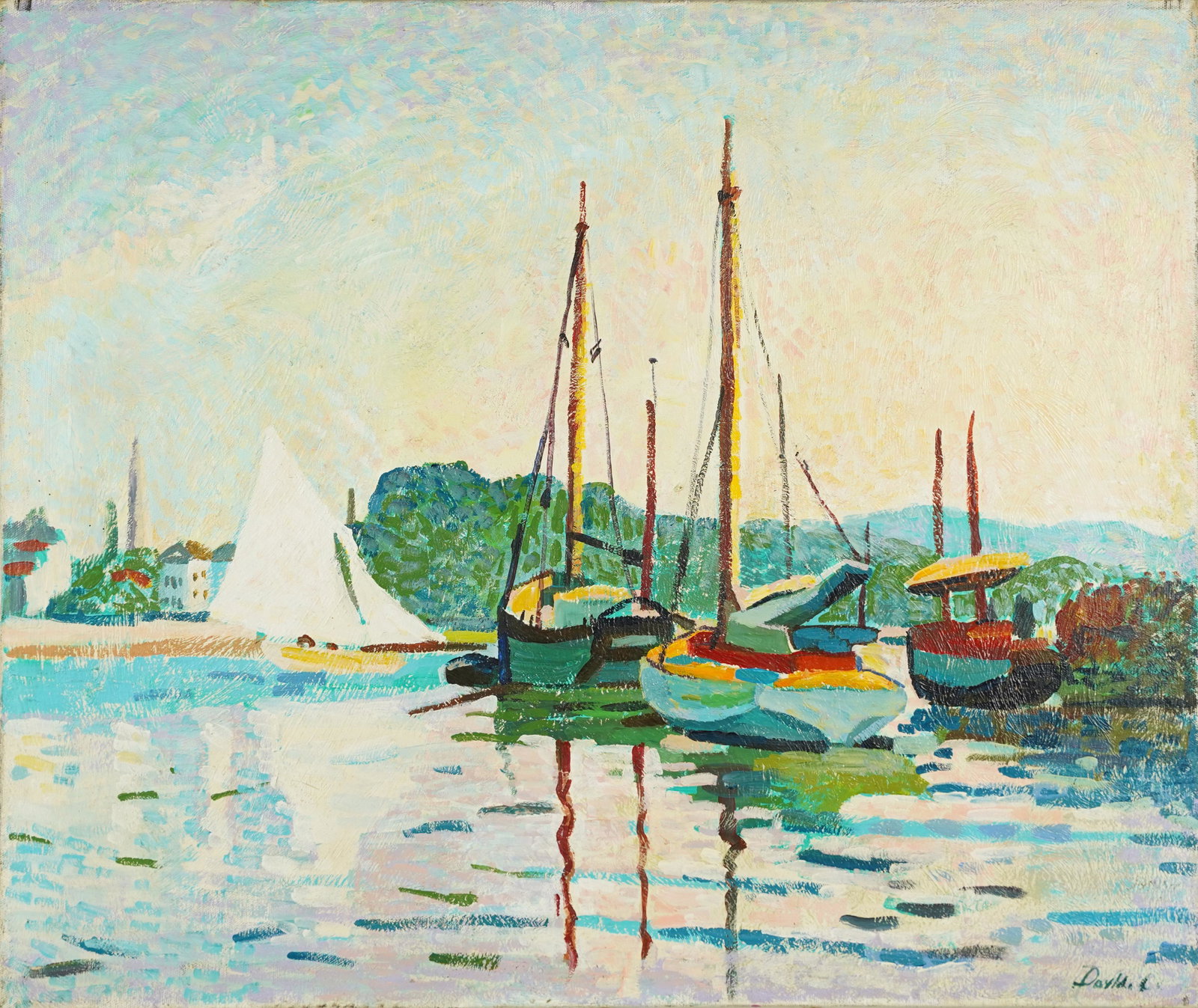 Vintage American School Pointillist Seascape Ship Harbor Signed Oil Painting: Oil on canvas. Signed. Image size, 22H x 26L.