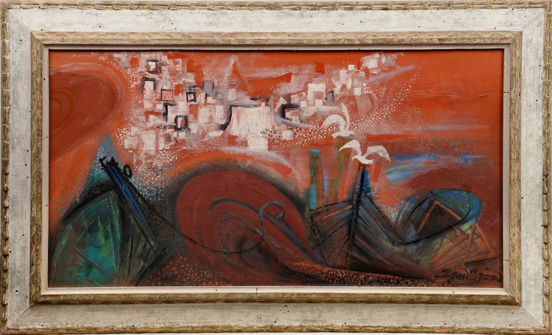 Byron Browne 1907-1961 Large Provincetown Abstract Surreal Seascape Oil Painting: Oil on canvas, circa 1957. Signed. Period Frame. Image size, 30L x 16H.