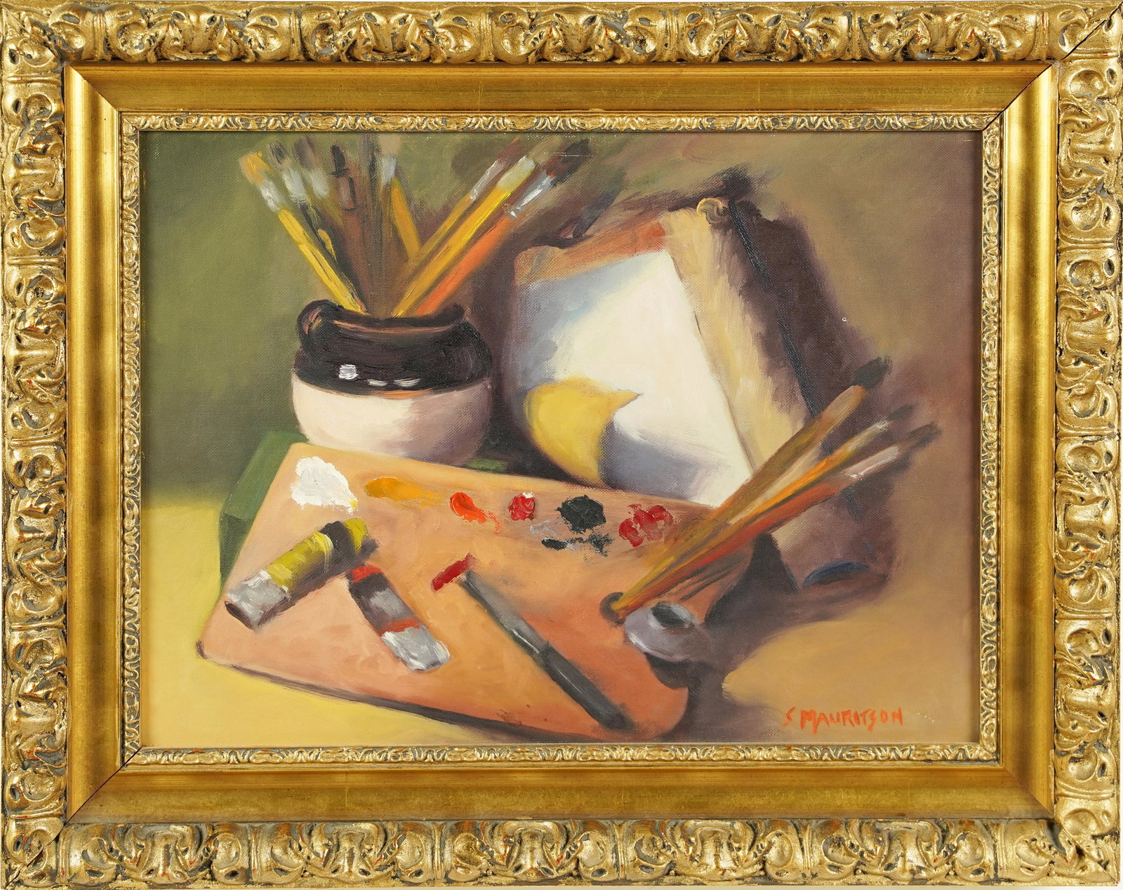 Antique American Impressionist Framed Artist Palette Still Life Oil Painting: Oil on canvas. Framed. Signed. Image size, 16L x 12H.