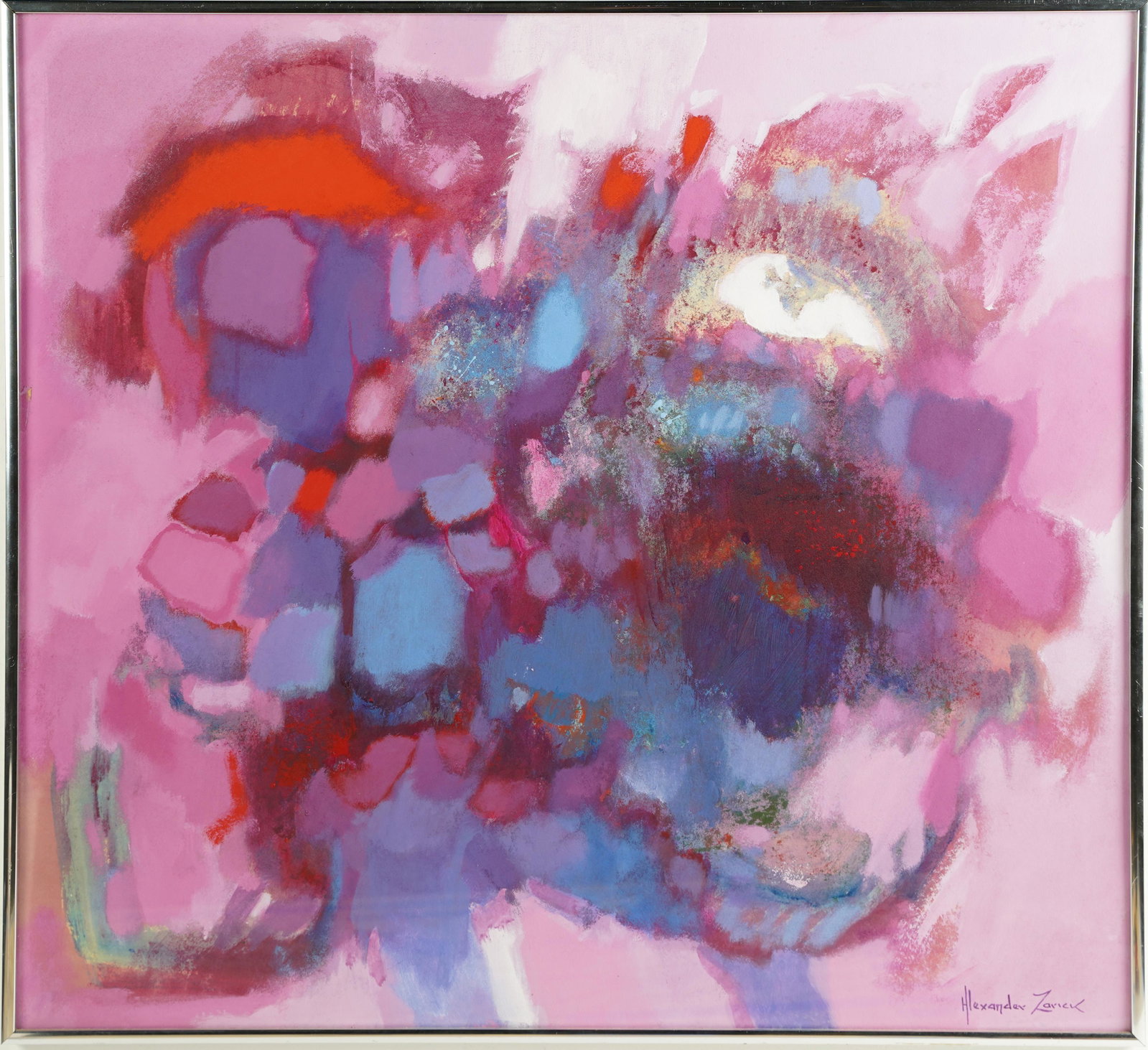Signed Alexander Zarick Listed American Abstract Expressionist Large Oil Painting: Oil on board. Signed. Framed. Image size, 27L x 25H.