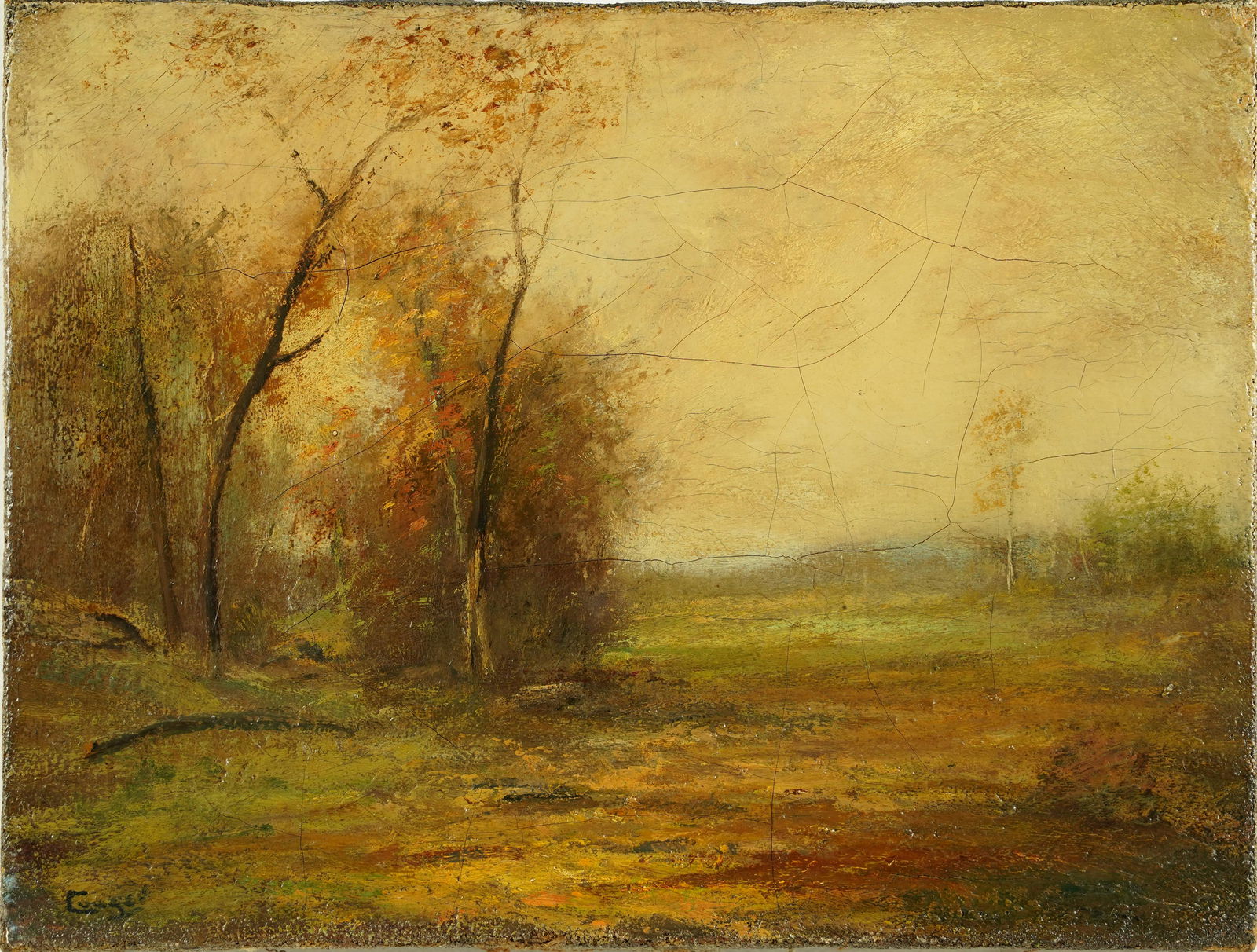 Antique American School Fall Tonalist Landscape Oil Painting Illegibly Signed 19th Century (1 of 4)