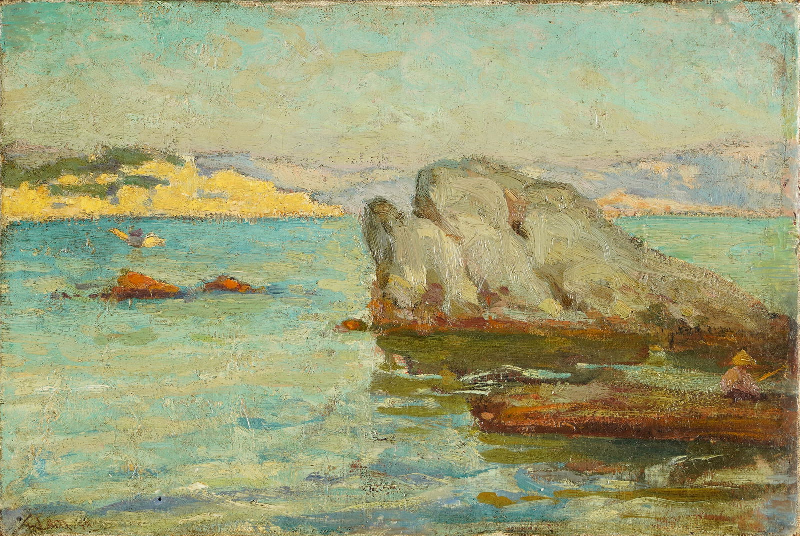 Antique Asian Coastal Seascape Boating Scene Impressionist Signed Oil Painting (1 of 5)