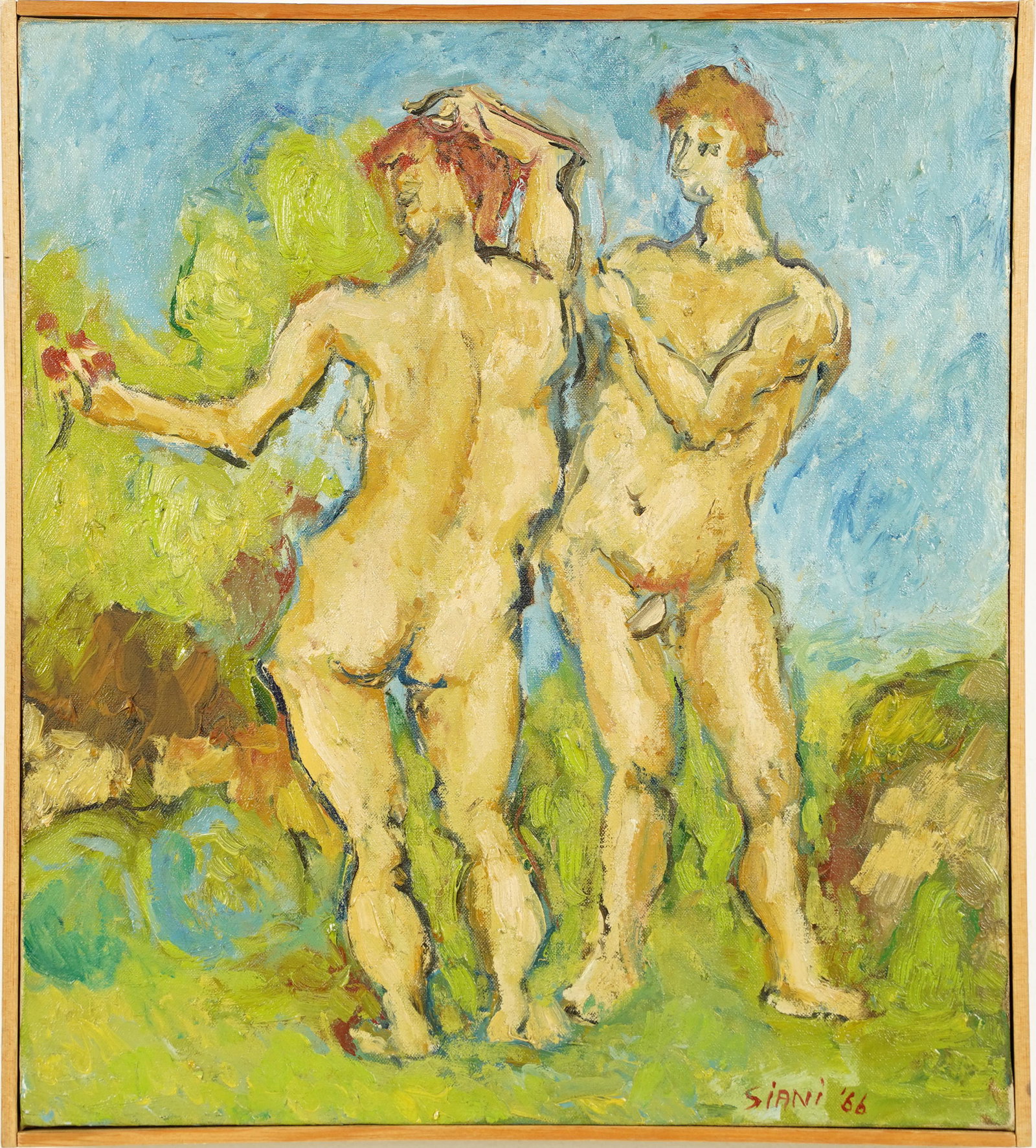 Signed American School Outsider Folk Art Nude Figures Original Oil Painting: Oil on canvas. Signed. Framed. Image size, 16H x 14L.
