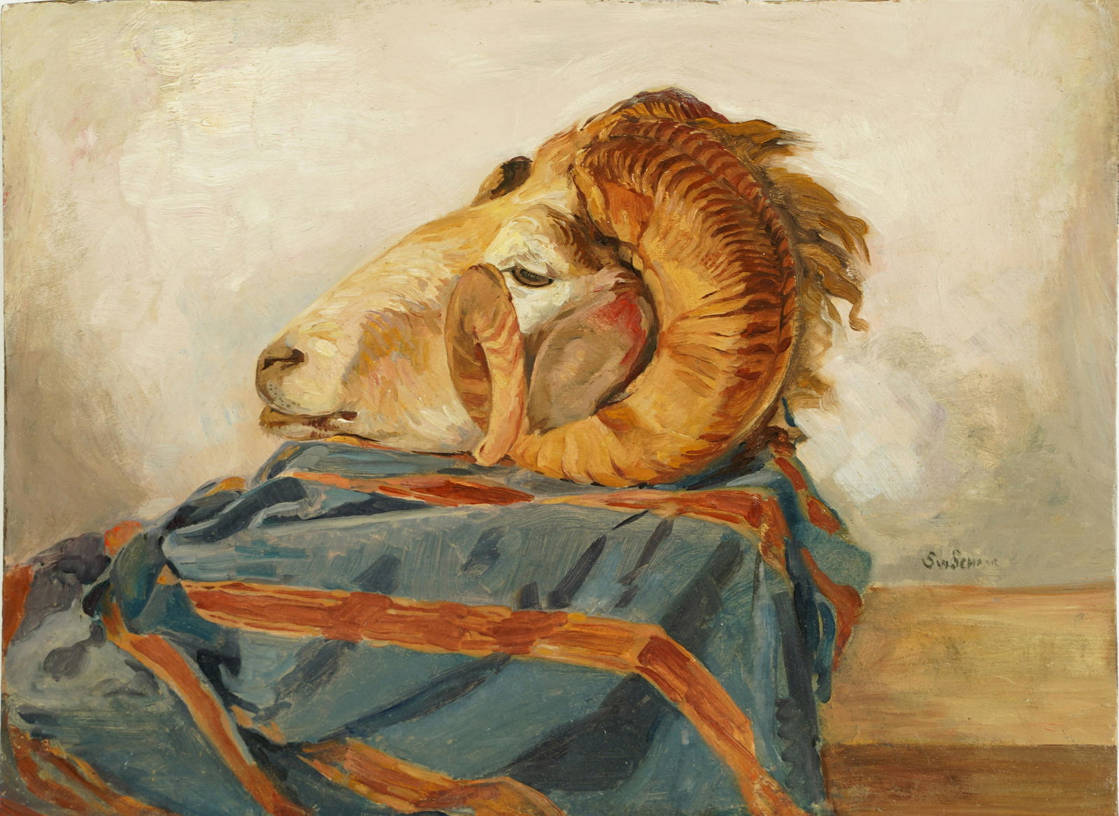 Museum Quality American School Taxidermy Ram Head Signed Animal Still Life Oil Painting (1 of 5)