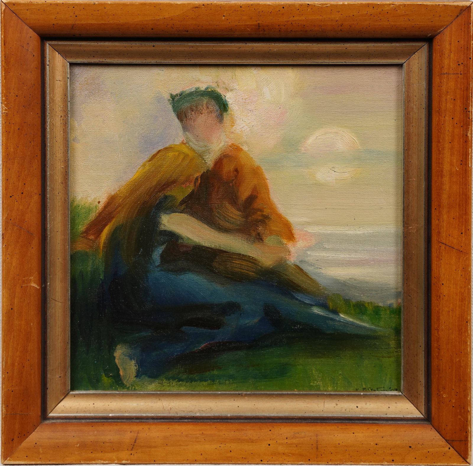 Signed 1907 Listed Female Art Nouveau Impressionist Sunset Seaside Portrait Oil Painting: Oil on board. Framed. Signed. Image size, 8L x 8H.